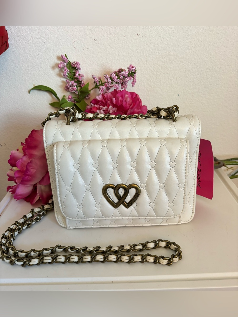 Betsey Johnson White Quilted Crossbody Bag with Brass Chain